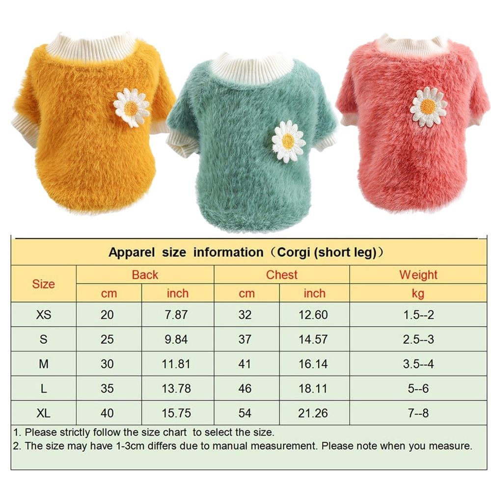 Small dog sweater for girls, plush fleece with daisy flowers, round neck, warm autumn winter puppy fleece sweater, perfect for small dogs