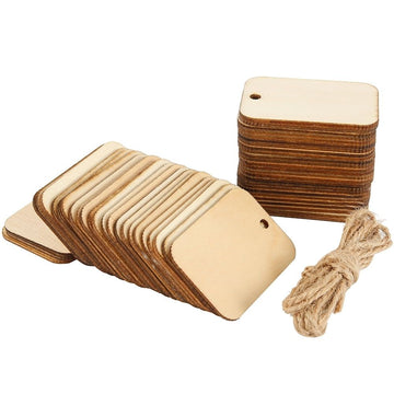 50 Pieces Wooden Rectangle Craft Shape Tag with Hole DIY Square Wooden Blank Tags