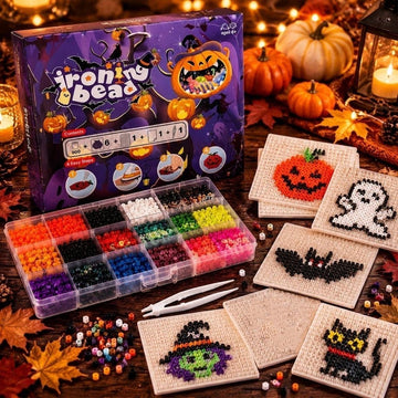 Halloween Craft Kit,  Iron Melty Beads Set, Spooky Pumpkin Ghost Witch Bat DIY Pixel Art Toy, Complete Tweezers Storage Box, Halloween Party Gift for Boys Girls
