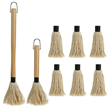 Long Handle BBQ Basting Mop Wooden Grill Brush With 6 Replacement Heads For Outdoor Grilling Cooking 46.5cm