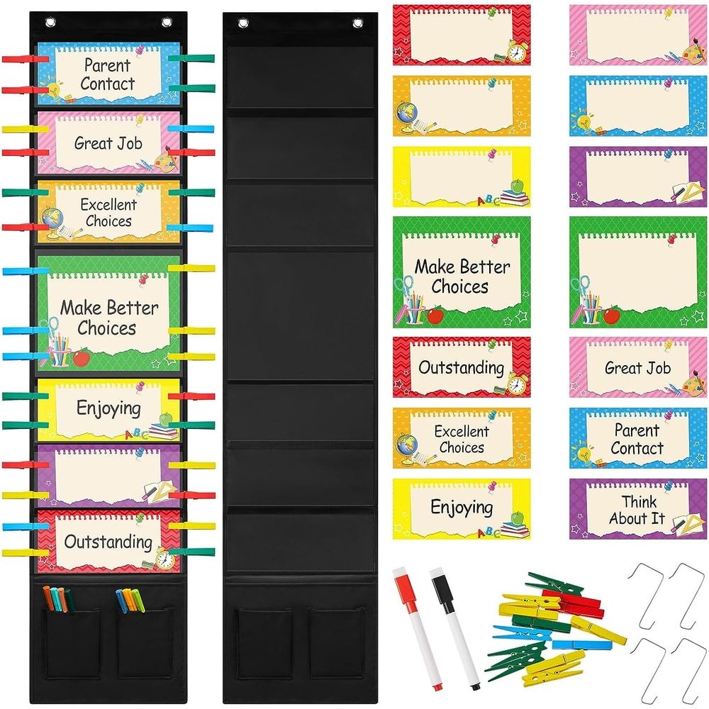 Black behavior clip chart for classroom management, school reward pocket chart for preschool and kindergarten students.