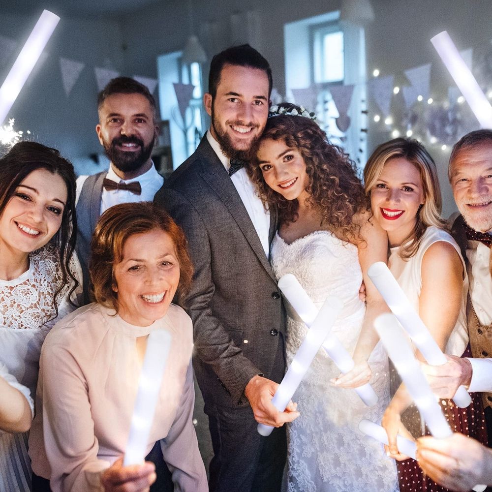 White LED foam light sticks, 18-inch glow wands by Everything Baby, perfect for kids' parties, raves, camping, and festivals.