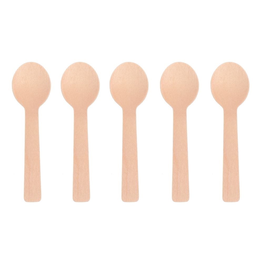 Wood dessert spoons with round heads, natural finish, 100-pack, suitable for children's outdoor play and party use by Everything Baby.