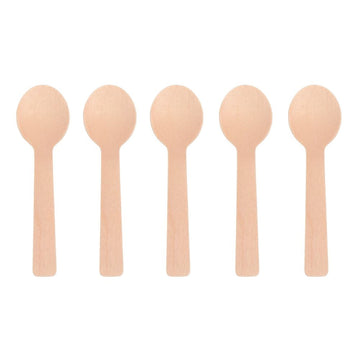 Wood dessert spoons with round heads, natural finish, 100-pack, suitable for children's outdoor play and party use by Everything Baby.
