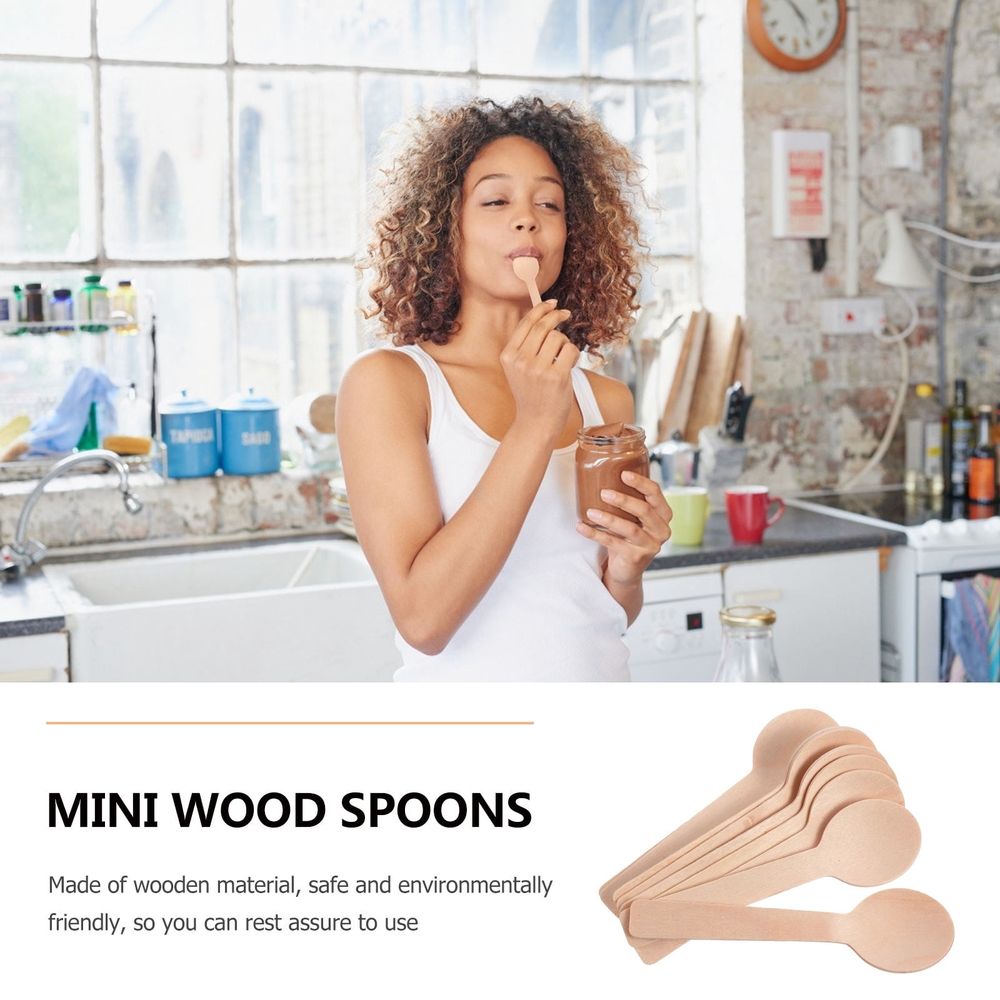 Wood dessert spoons with round heads, natural finish, 100-pack, ideal for kids' outdoor party play and pretend dining.