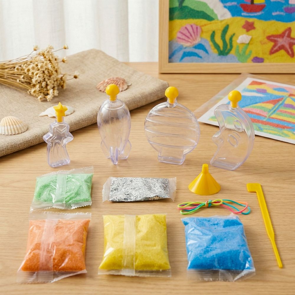Colorful glow-in-the-dark sand art kit for kids, featuring bright containers and tools for creative DIY space-themed sand art.