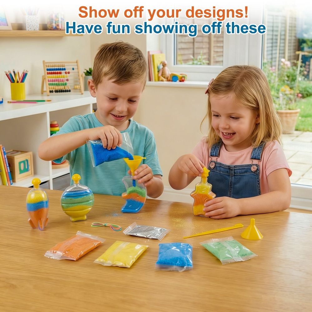 Colorful glow sand art kit for kids featuring space-themed DIY craft set with bright, vibrant sand and creative tools for outdoor play.