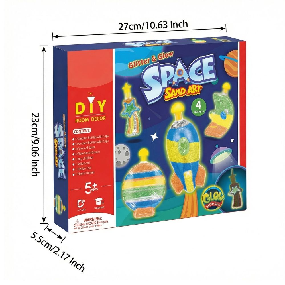 Colorful glow-in-the-dark sand art kit for kids by Everything Baby, featuring plastic bottles and vibrant sand for creative outdoor play.