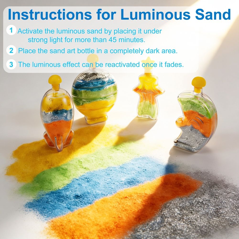 Colorful glow sand art kit for kids with space-themed design, DIY craft set for outdoor creative play by Everything Baby.