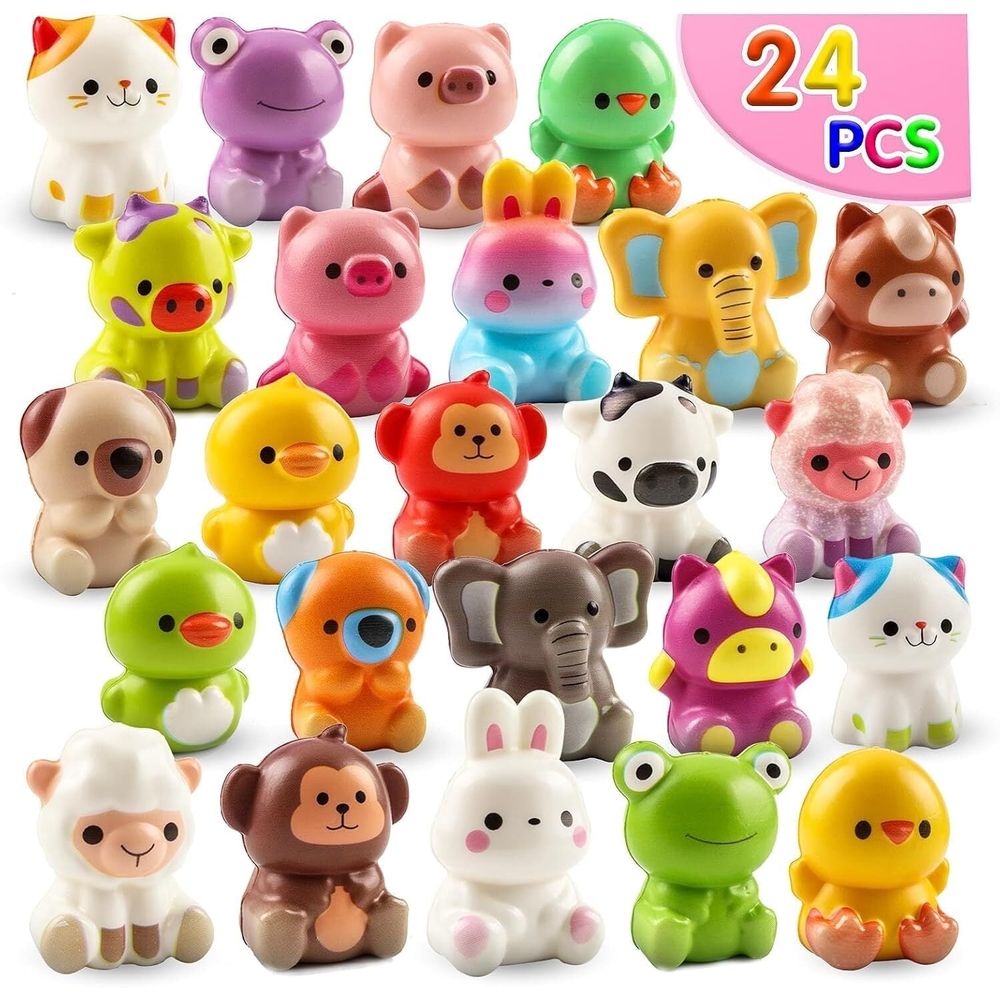 Colorful squishy animal toys in a 24-pack by Everything Baby, ideal for kids' party favors, stress relief, and classroom prizes.
