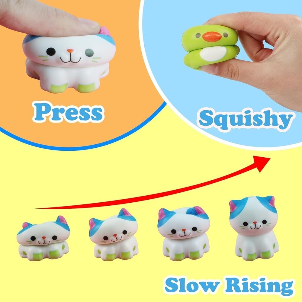 Colorful squishy animal toys in a treasure box, ideal for kids' party favors, stress relief, and classroom prizes.