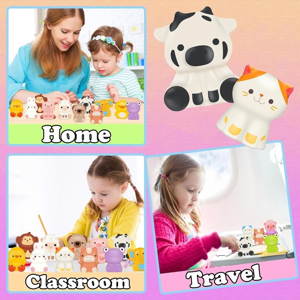 Colorful squishy animal toys from Everything Baby, part of 24-pack sensory stress relief toys for kids' party favors and classroom prizes.