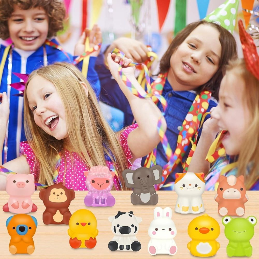 Colorful squishy animal toys from Everything Baby in a treasure box, ideal for kids' party favors, stress relief, and classroom prizes.