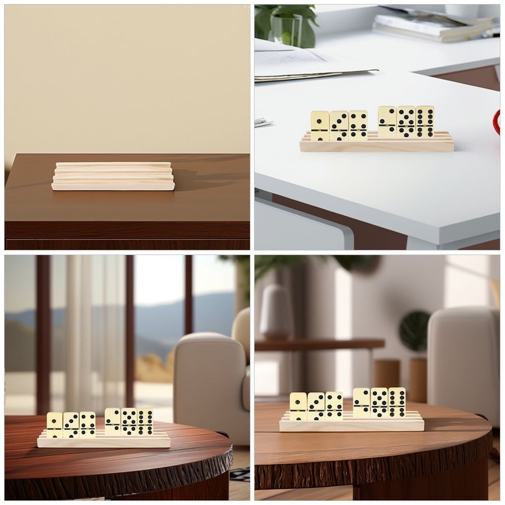 Wooden domino holder trays with three rows, designed for Mexican Train dominoes, ideal for table game tile organization.
