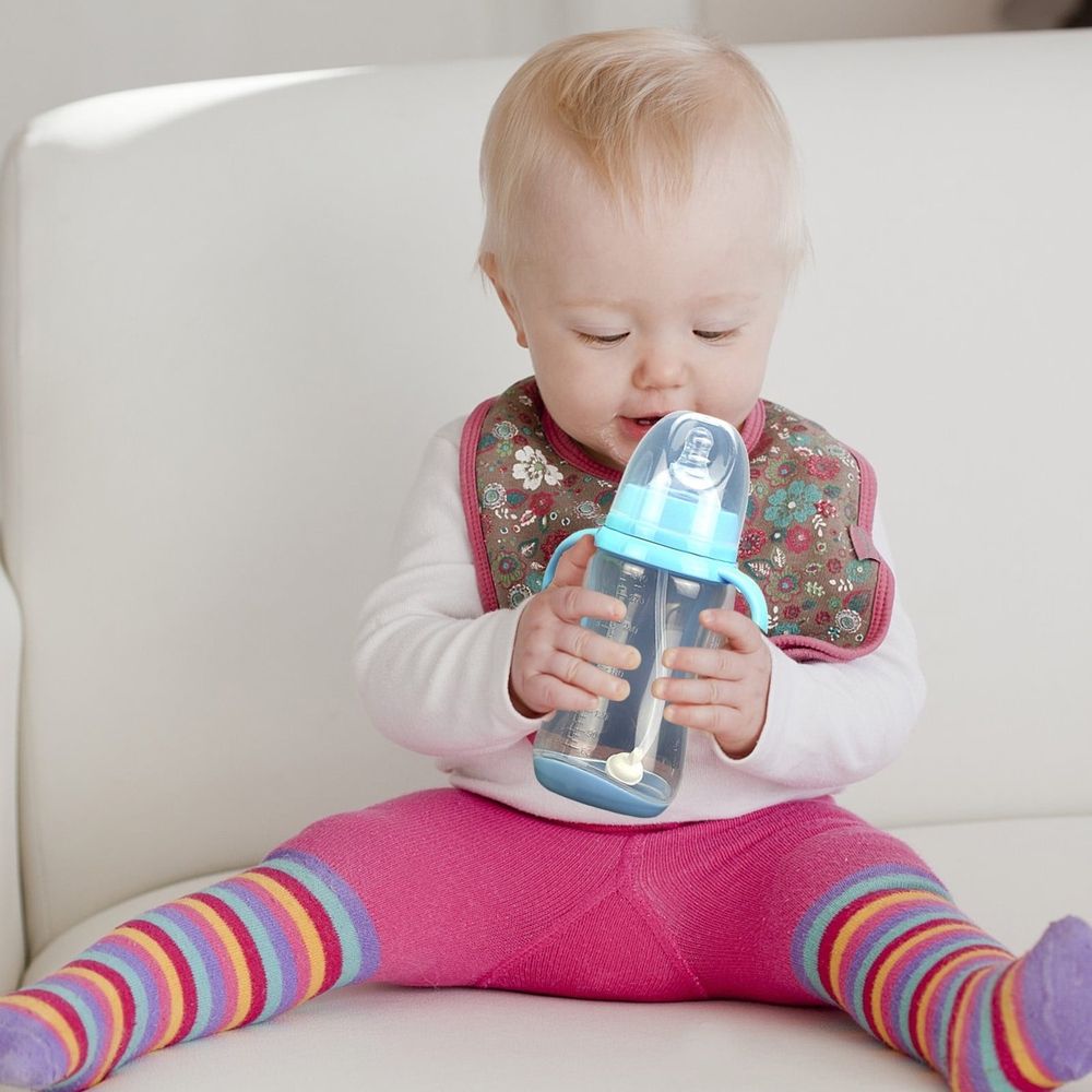 Baby Nurture Nest 10 oz anti-colic baby bottles with easy-hold handles and soothing blue trim, designed for feeding and comfort.