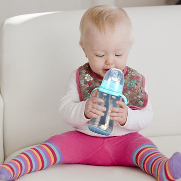 Baby Nurture Nest 10 oz anti-colic baby bottles with easy-hold handles and soothing blue trim, designed for feeding and comfort.