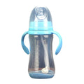 Baby Nurture Nest 10 oz anti-colic bottles with easy-hold handles and soothing blue trim, designed for infant feeding.