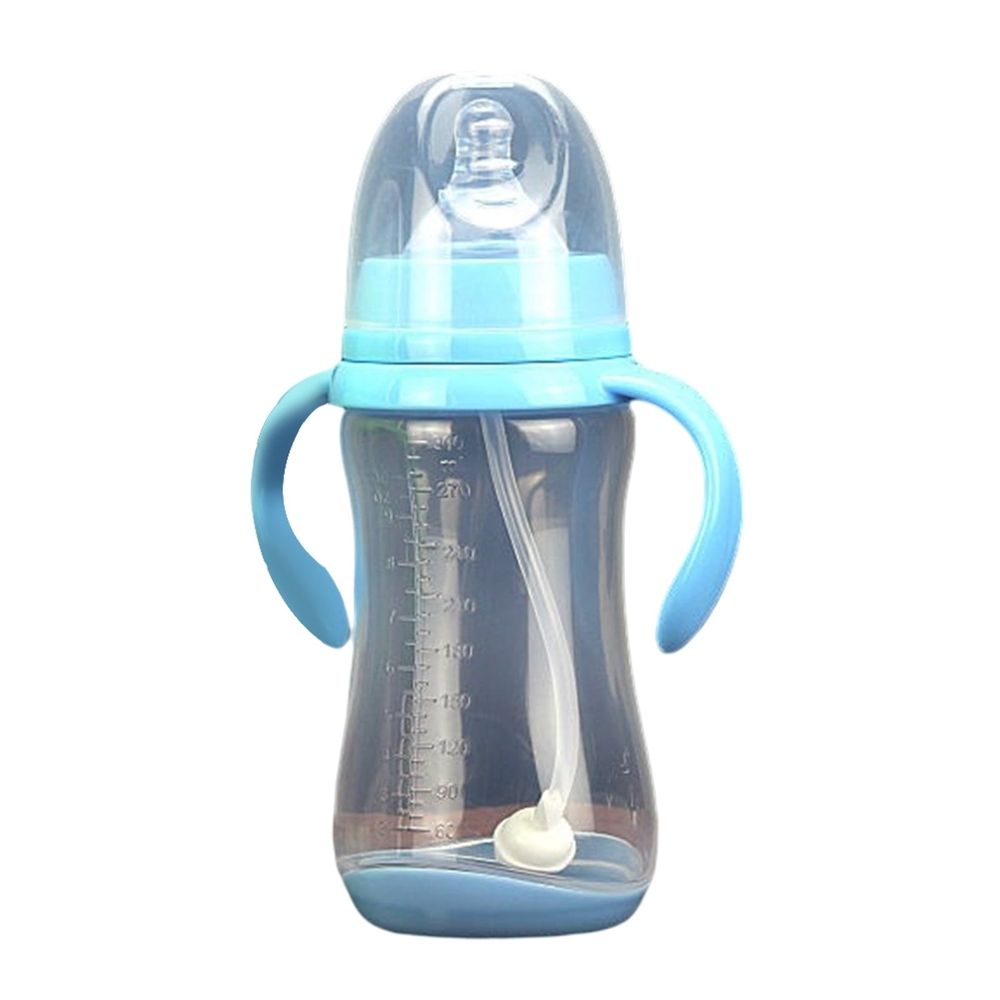 Baby Nurture Nest 10 oz anti-colic bottles with easy-hold handles and soothing blue trim, designed for infant feeding.