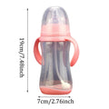 Baby Nurture Nest 10 oz anti-colic baby bottles with blue trim and easy-to-hold handles, designed for comfortable feeding.