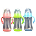 Baby Nurture Nest 10 oz anti-colic bottles with easy-hold handles and blue trim, designed for infant feeding by Everything Baby