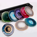 Agate geode slice with iridescent crystals, irregular shape, 6-8 cm, used as place card or decorative healing crystal for home.
