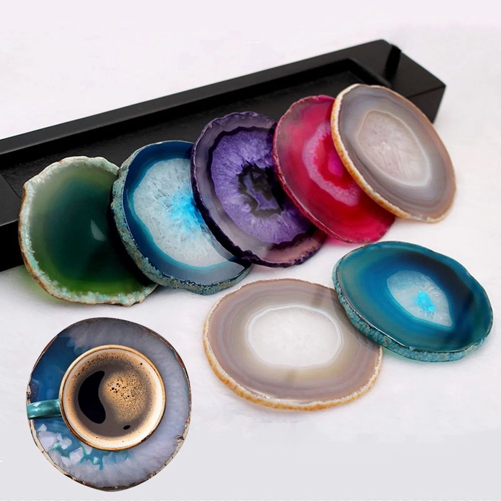 Agate geode slice with iridescent crystals, irregular shape, 6-8 cm, used as place card or decorative healing crystal for home.