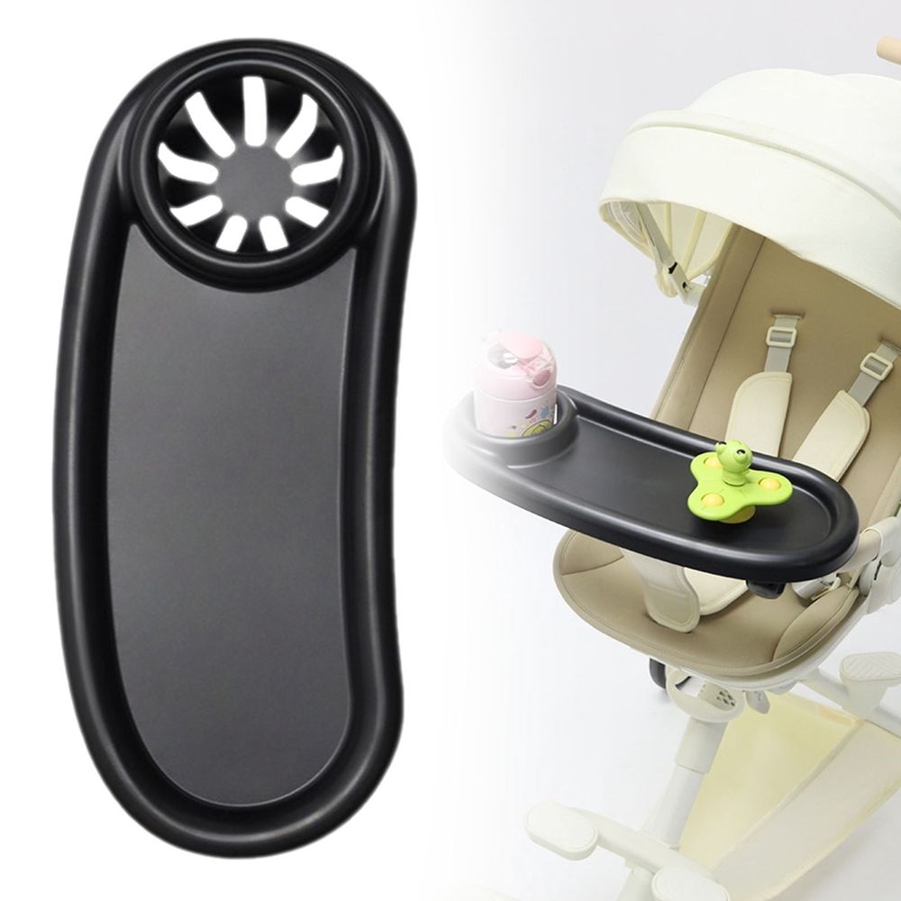 Universal black stroller snack tray with flexible silicone arm gripper and cup holder, fits most strollers for on-the-go snacking.