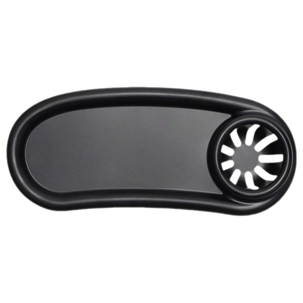 Black universal snack tray for strollers with flexible silicone arm grippers, stays in place, ideal for on-the-go baby feeding.