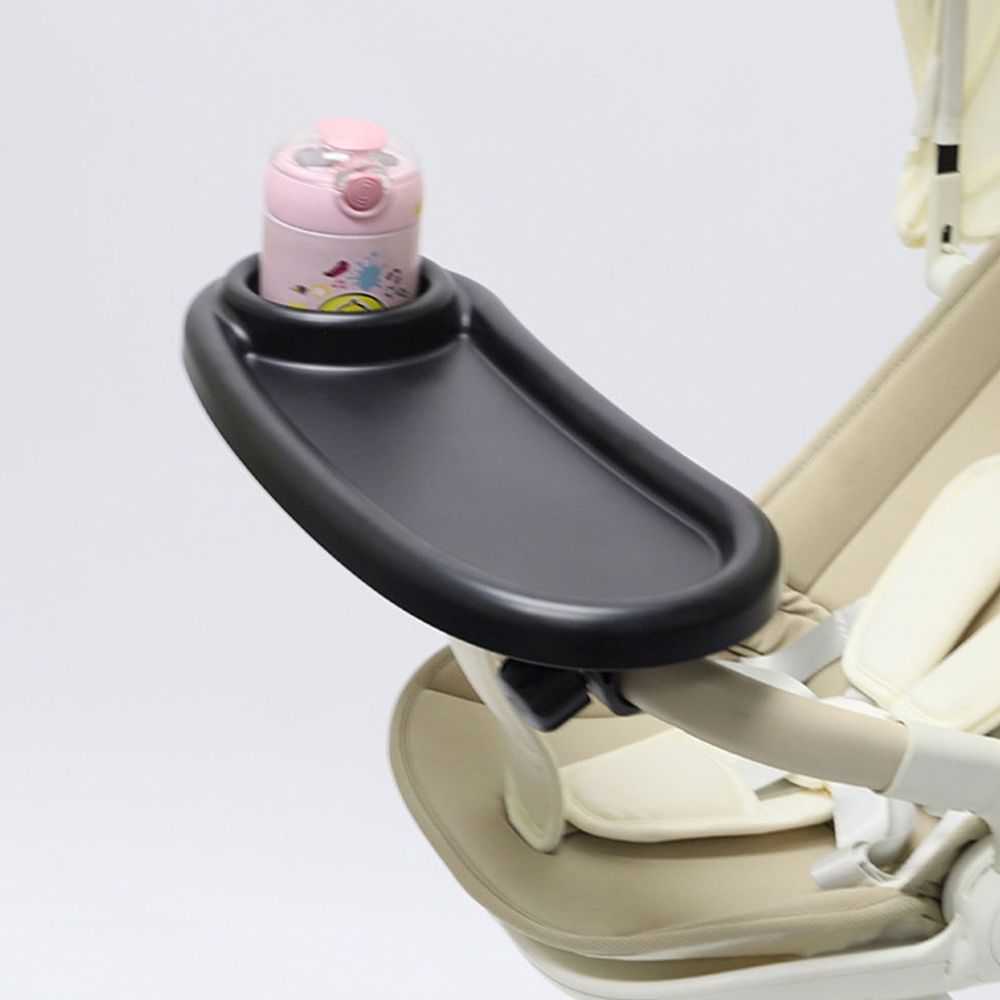 Universal snack tray for stroller by Everything Baby, black with flexible silicone arm, attaches securely for on-the-go snacking.