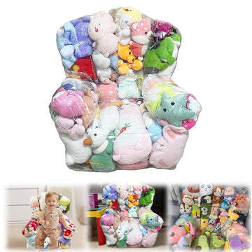 Clear stuffed animal storage bean bag chair cover for kids' rooms, waterproof PVC plush toy organizer with zipper and creative design.