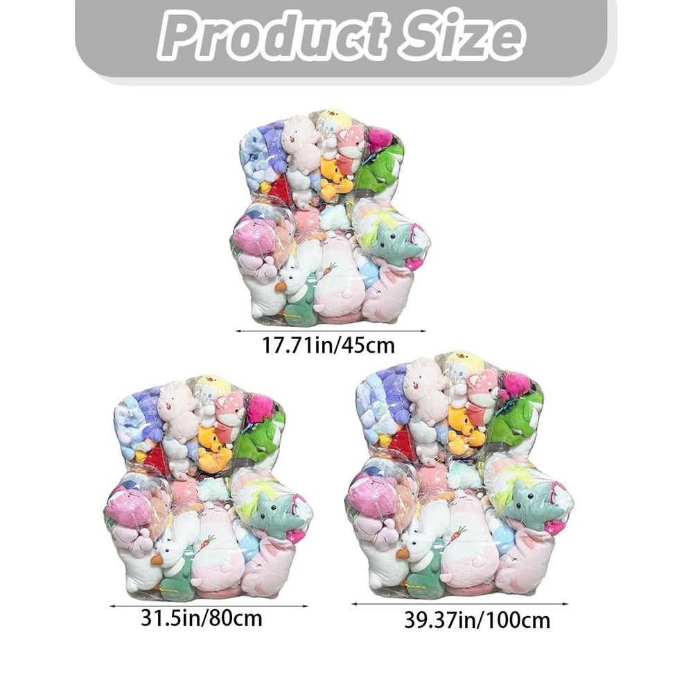 Clear stuffed animal storage bean bag chair cover from Everything Baby, waterproof plush toy organizer for kids' rooms.