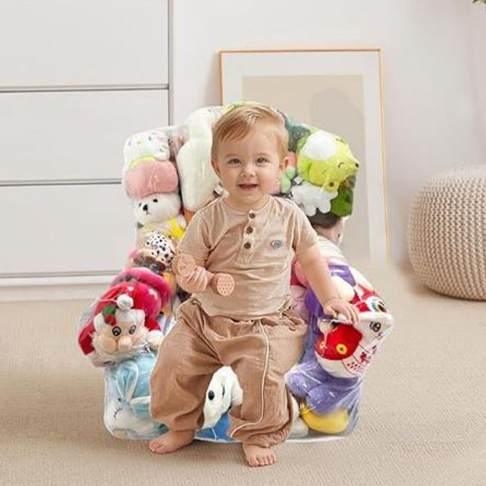 Waterproof plush toy storage bean bag chair for kids, featuring zipper closure and plush exterior for organizing toddler's room.