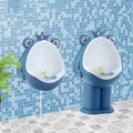 Dark blue standing wall-mounted baby urinal for boys, 1 to 6 years, used for potty training and baby grooming.