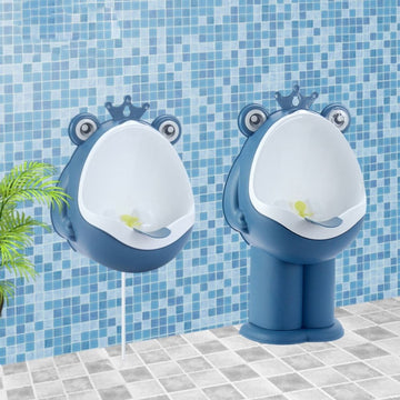 Dark blue standing wall-mounted baby urinal for boys, 1 to 6 years, used for potty training and baby grooming.