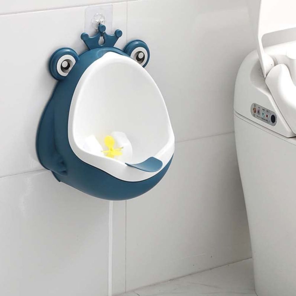 Dark blue standing wall-mounted baby urinal for boys, suitable for ages 1-6, designed for potty training and easy wall installation.