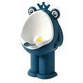 Dark blue standing baby urinal for boys, wall-mounted potty training urinal for ages 1 to 6, part of baby health and grooming kit.