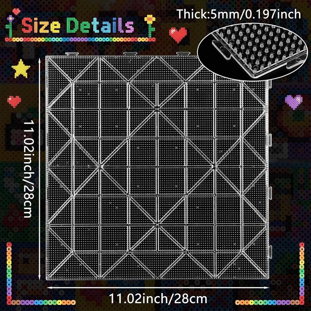 Clear 11x11 inch fuse bead pegboard by Everything Baby, large square plastic bead board for kids' craft and DIY projects.