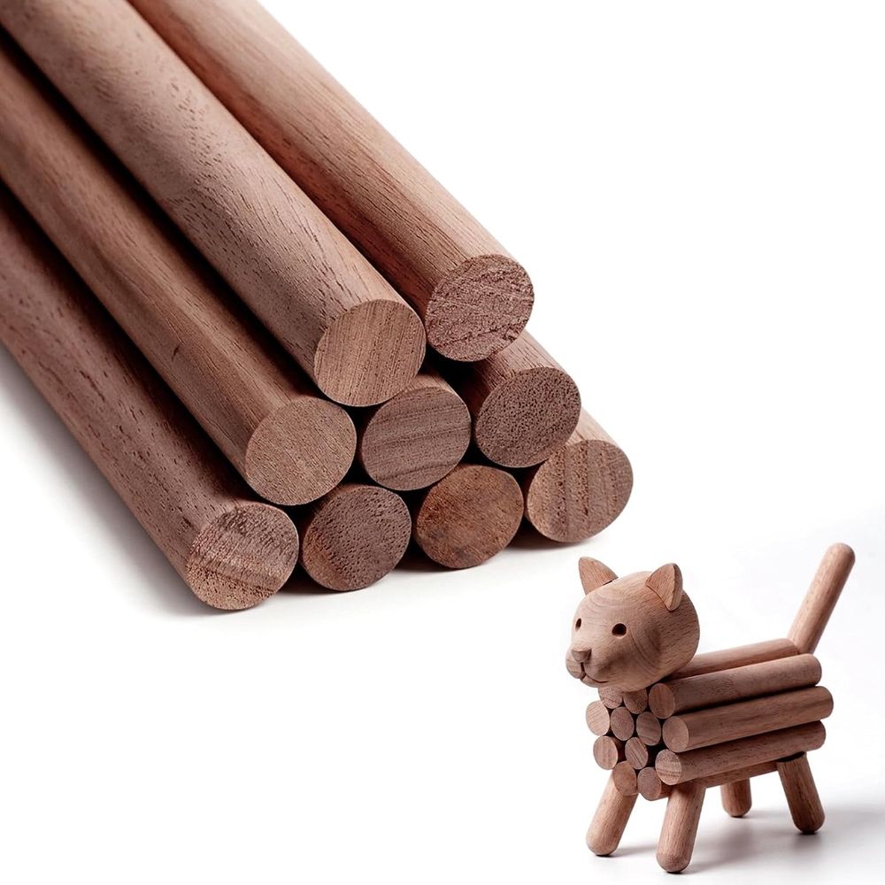 Eight unfinished walnut hardwood dowels, 3/8 inch by 12 inches, for woodworking crafts and DIY building projects.