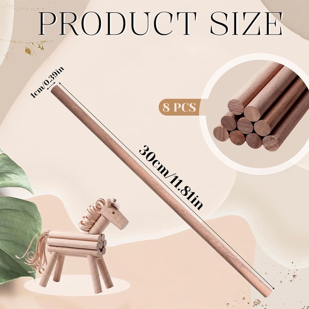 Eight 3/8 inch by 12-inch unfinished walnut wooden dowels, hardwood rods for crafts, woodworking, and DIY building projects.