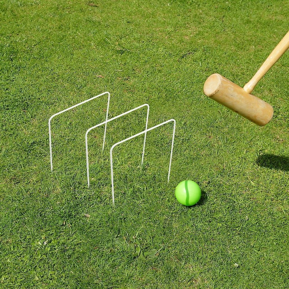 10-piece white iron croquet wickets set for outdoor lawn games and backyard play, perfect for kids and family outdoor activities.