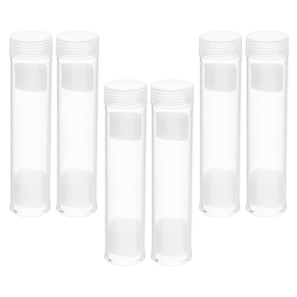 Six clear round plastic coin holders with caps for secure coin storage, suitable for kids and baby accessories.