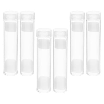 Six clear round plastic coin holders with caps for secure coin storage, suitable for kids and baby accessories.