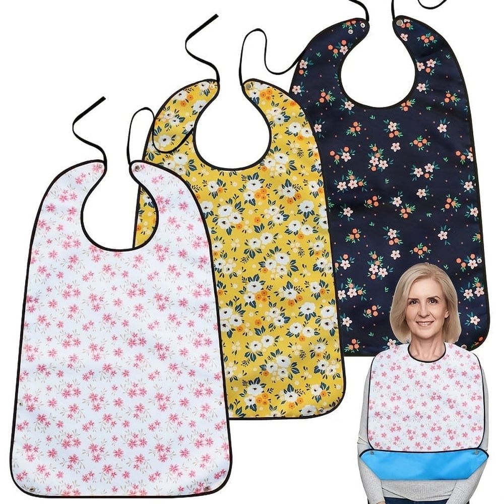 Three reusable adult bibs for elderly women and men, with crumb catchers, used as clothing protectors during feeding.