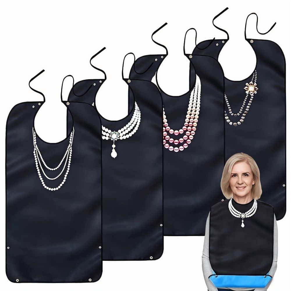 Set of four reusable adult bibs for women, waterproof and washable with crumb catchers, designed for dining and feeding comfort.