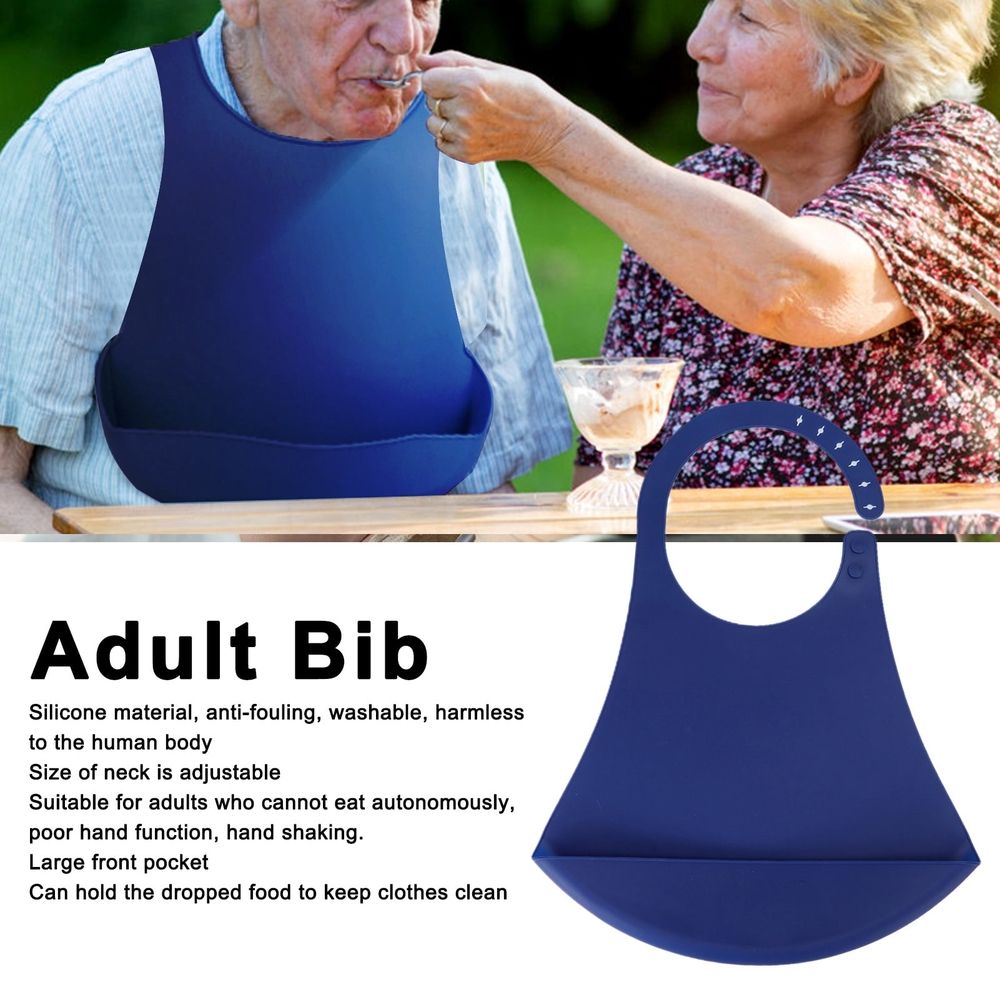 Adult silicone feeding bib with pocket from Everything Baby, adjustable waterproof bib for elderly and disabled individuals.
