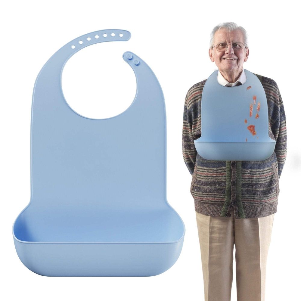 Adult elderly silicone nursing bib with easy button closure, crumb catcher, dishwasher safe, from Everything Baby.
