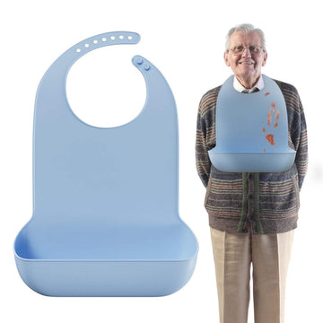 Adult elderly silicone nursing bib with easy button closure, crumb catcher, dishwasher safe, from Everything Baby.