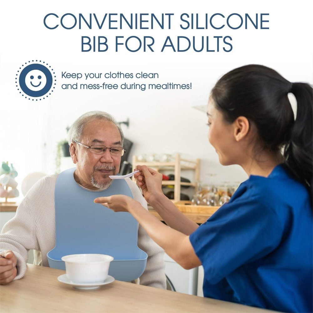 Adult elderly silicone nursing bib with easy-to-use button closure, bottom crumb catcher, dishwasher safe, designed for easy cleaning.