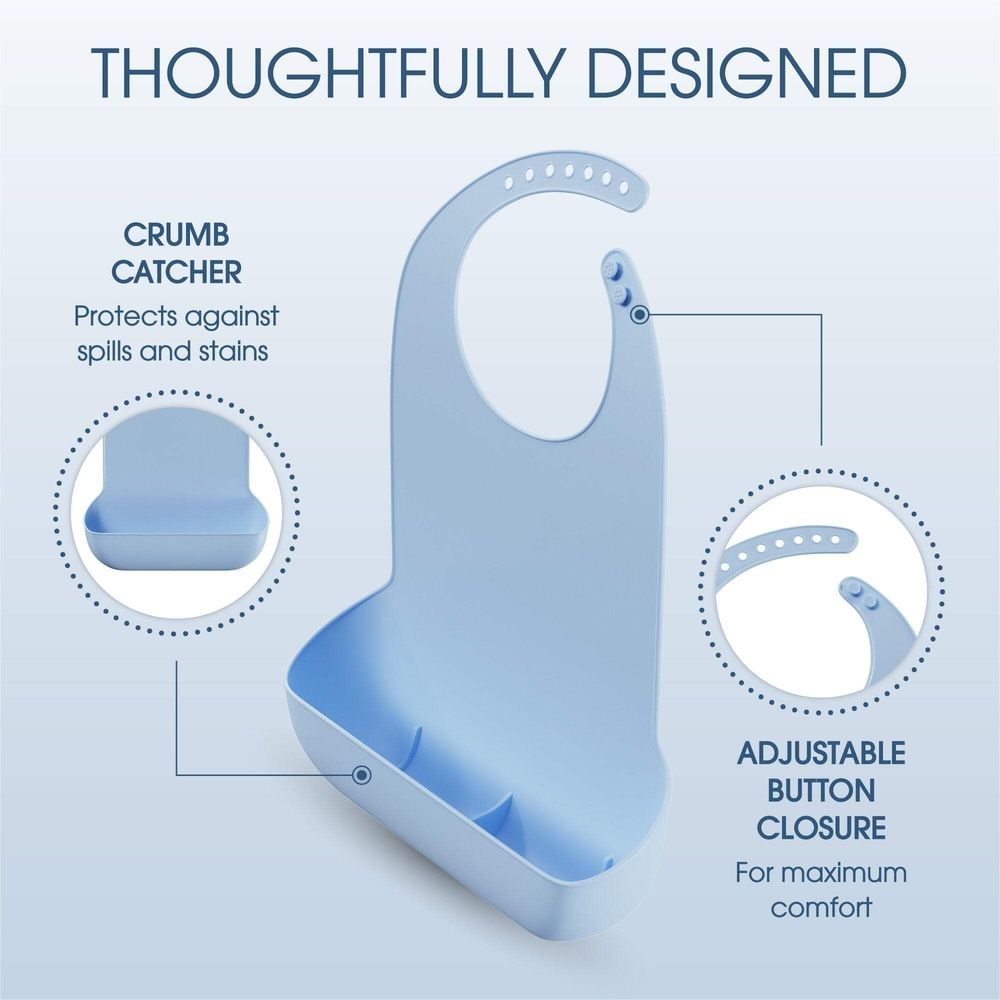 Adult elderly silicone nursing bib with easy button closure, bottom crumb catcher, dishwasher safe, from Everything Baby.