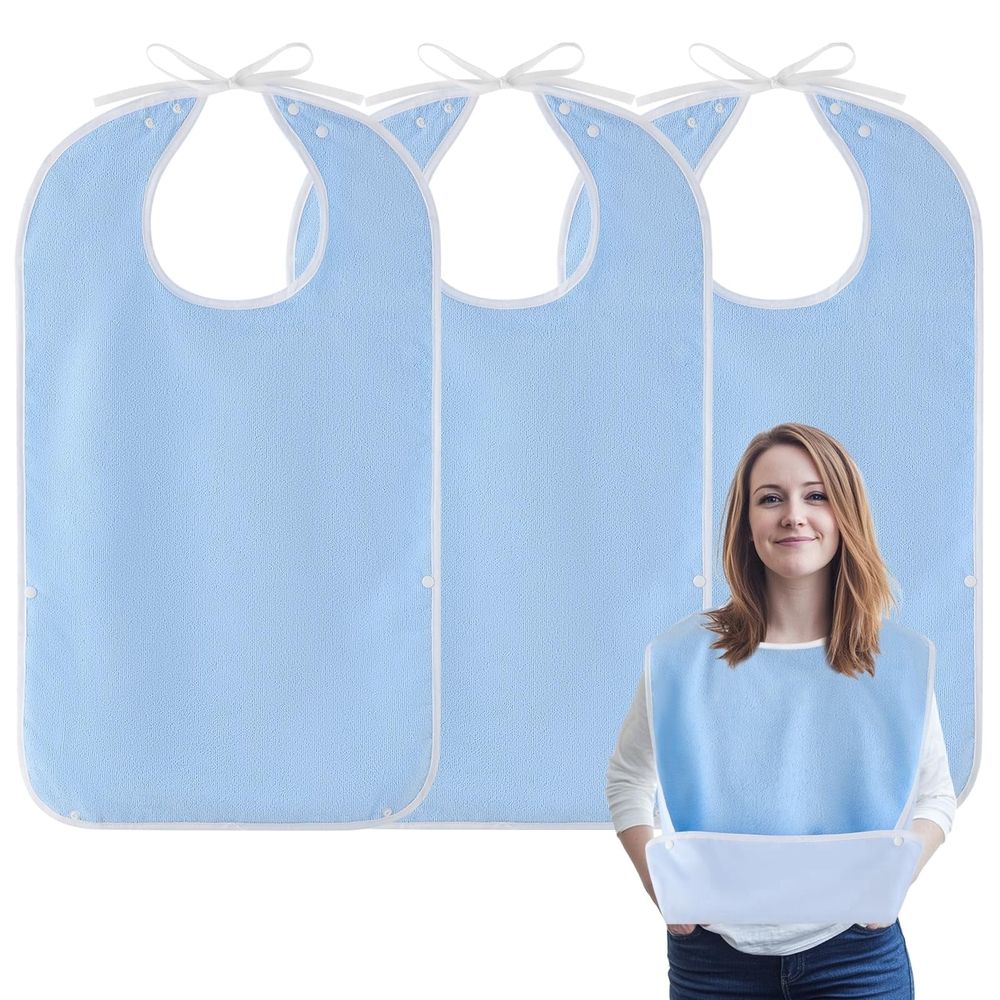 Two waterproof adult bibs with crumb catchers in blue, designed for women, men, and seniors, for feeding and feeding assistance.